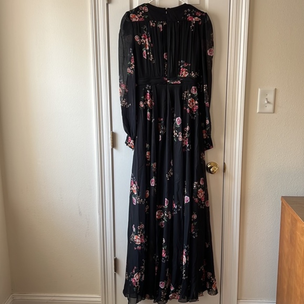 Mac Duggal Belted Floral Print Illusion Long Sleeve Maxi Gown Black Multi Size 6 - Picture 10 of 11